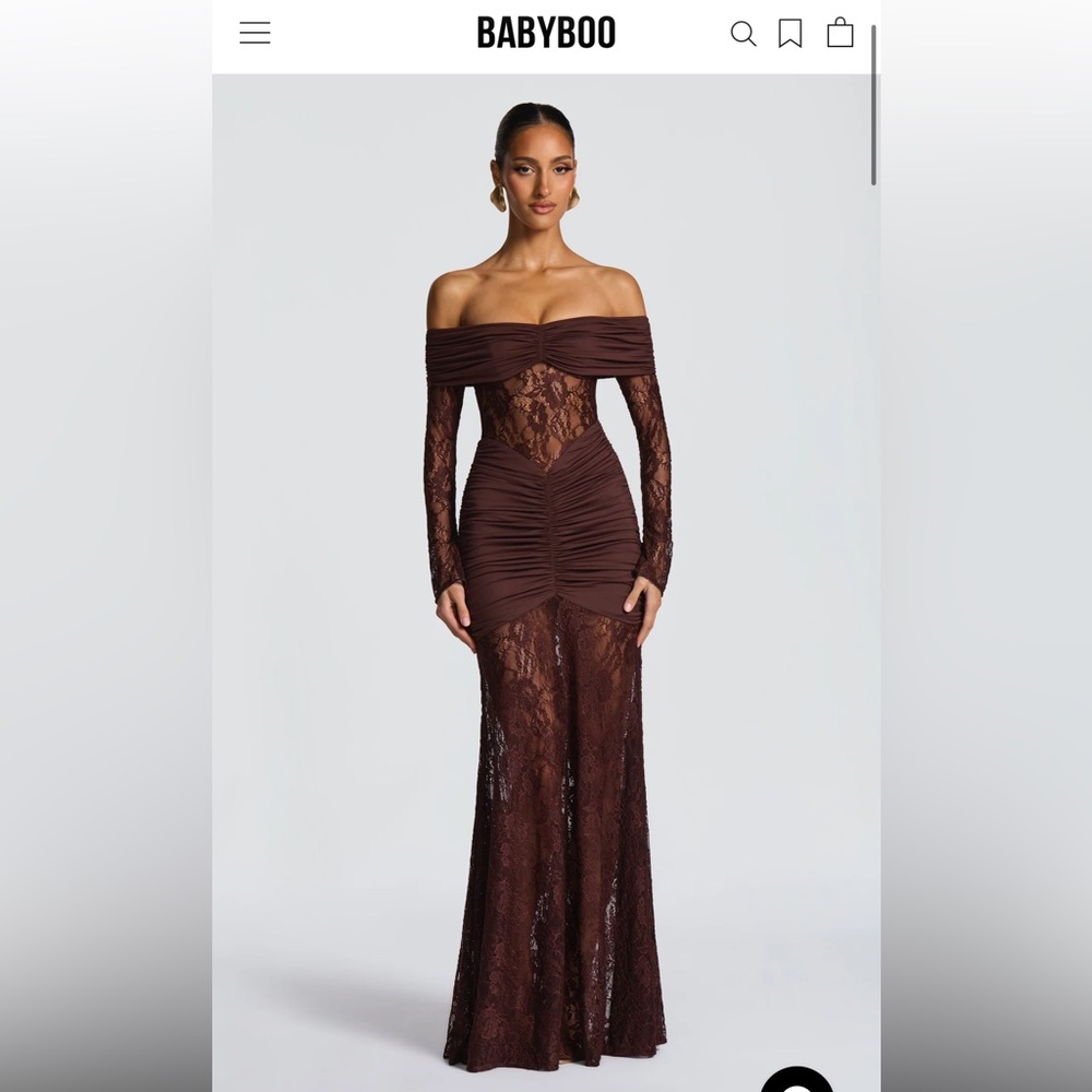BABYBOO Off-Shoulder Lace Maxi Dress in Chocolate Brown